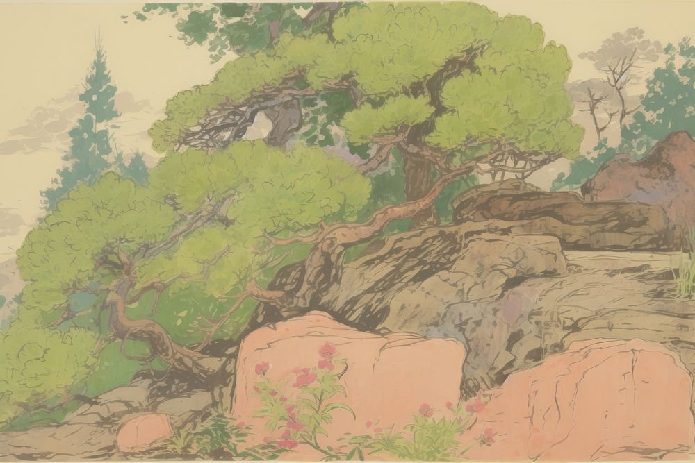 Illustration the 1970s of bonsai outdoors painting nature.