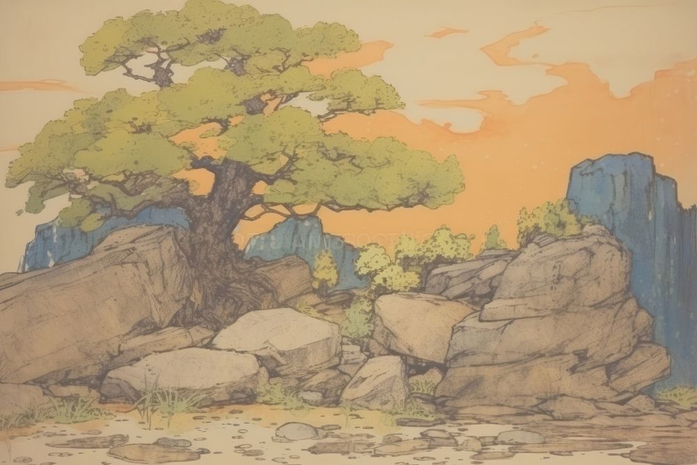 Illustration the 1970s of bonsai painting plant tree.