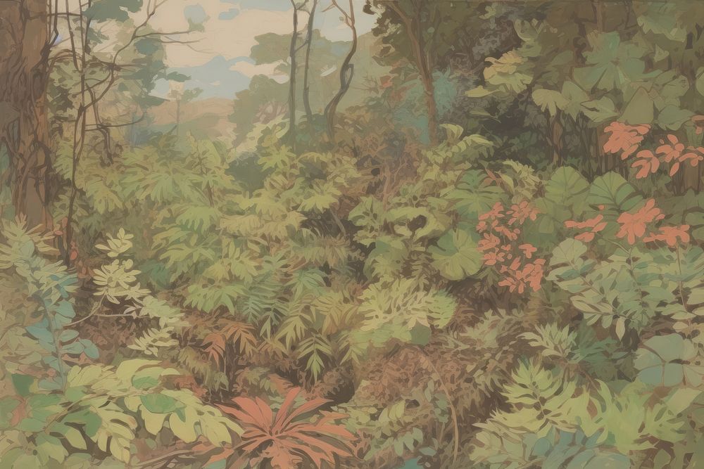Illustration the 1970s of foliage vegetation outdoors woodland.