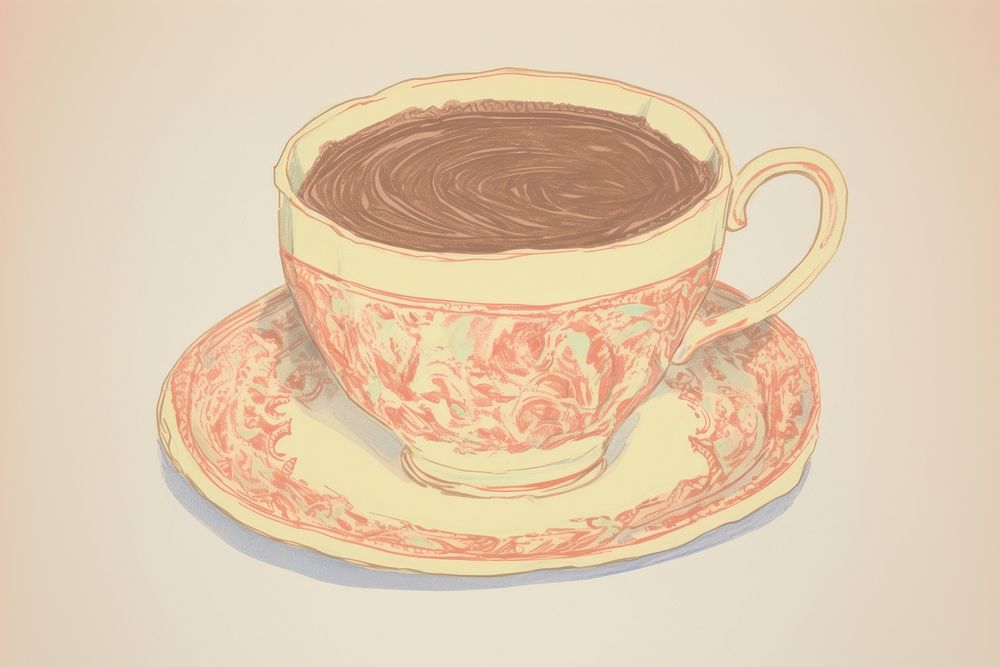 Illustration the 1970s of hot chocolate saucer coffee drink.