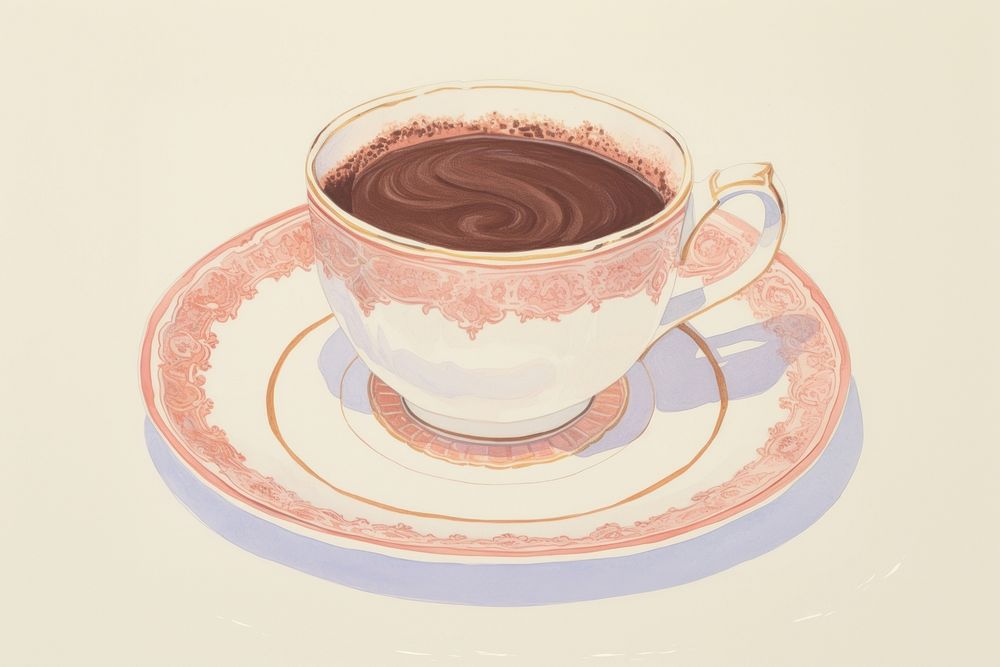 Illustration the 1970s of hot chocolate saucer coffee drink.