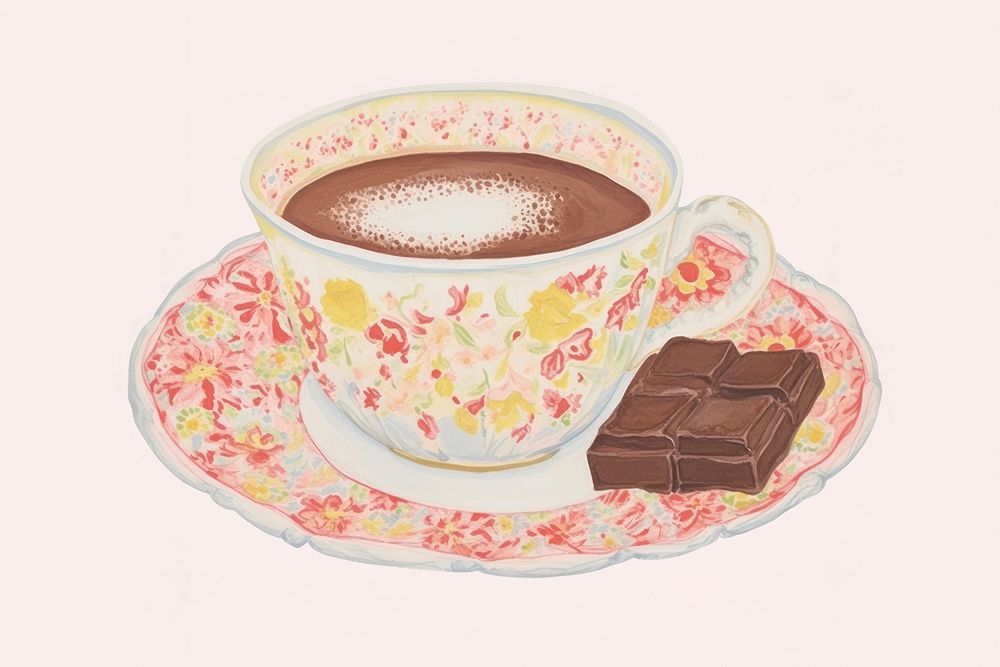 Illustration the 1970s of hot chocolate dessert saucer drink.