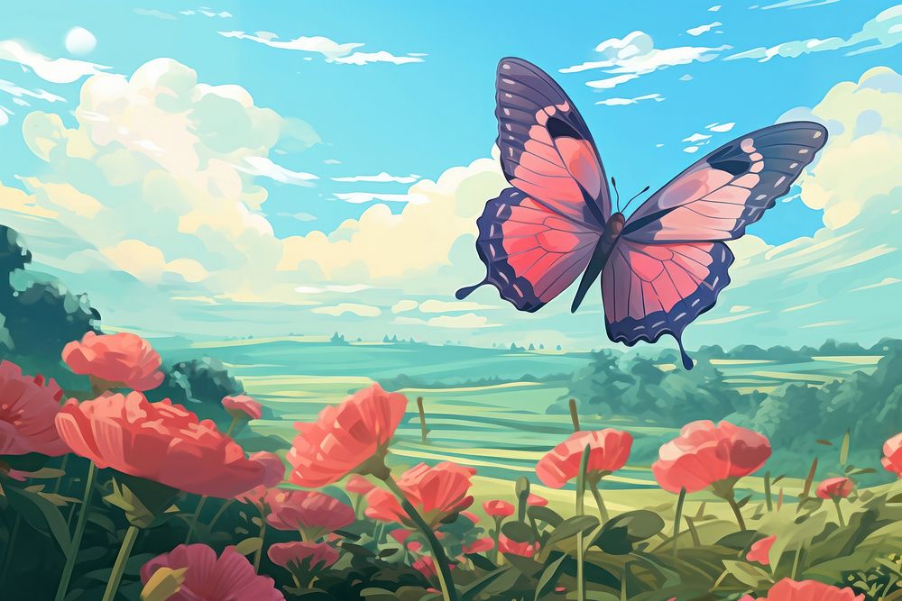 Butterfly in a flowerfields landscape outdoors nature.