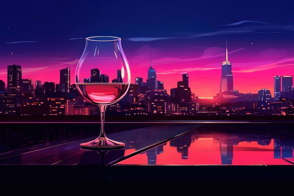 Glass of wine on the table night city architecture.