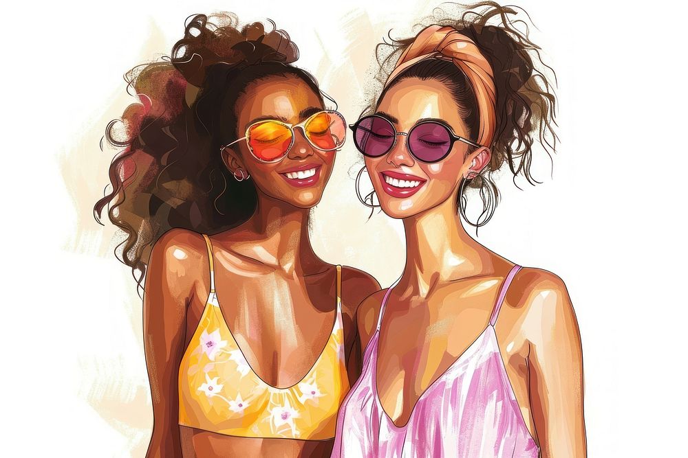 Happy women sunglasses swimwear portrait.