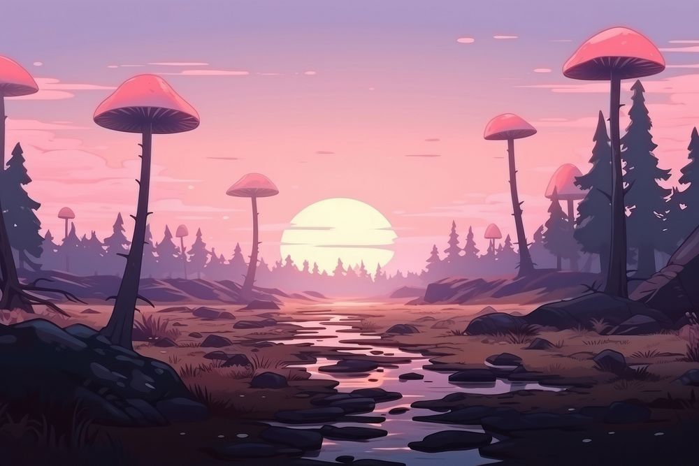 Illustration mushroom field landscape outdoors sunset.