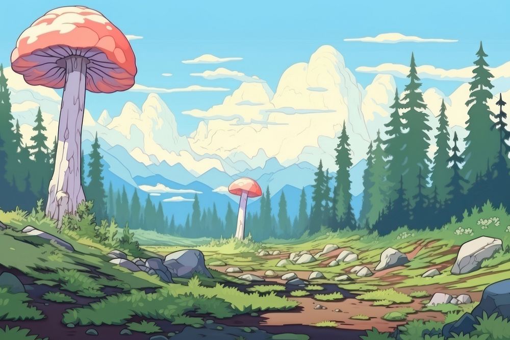 Illustration mushroom field landscape wilderness outdoors.