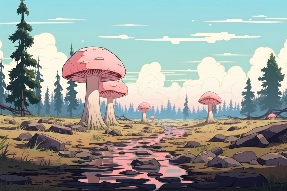 Illustration mushroom field landscape plant anime.