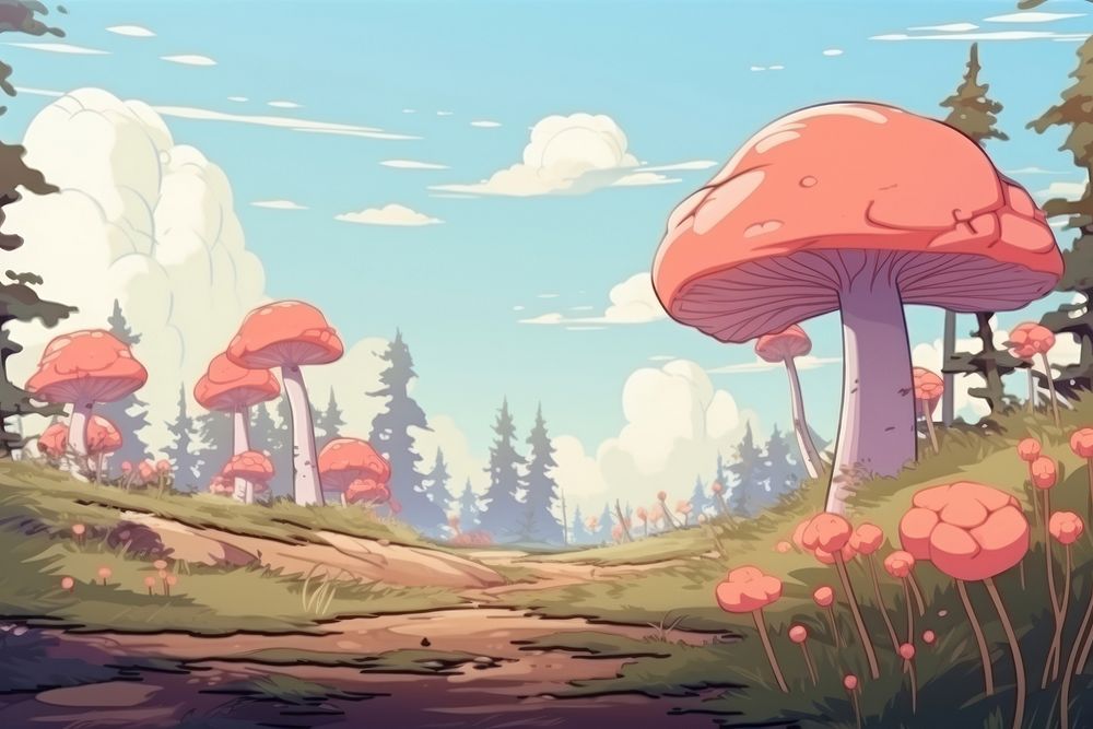Illustration mushroom field landscape fungus plant.