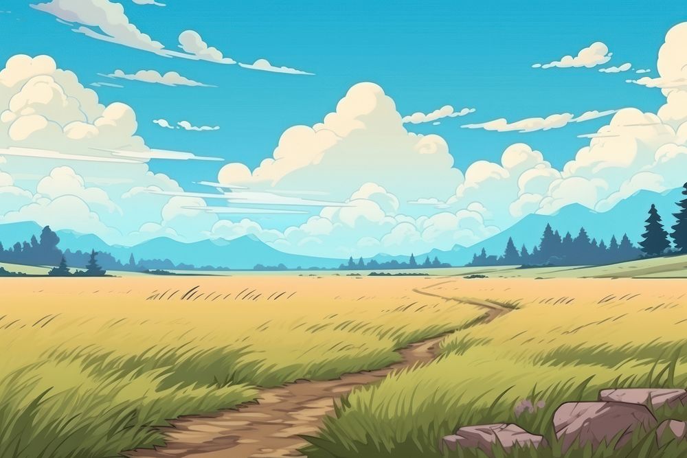 Illustration wheat field landscape grassland panoramic.