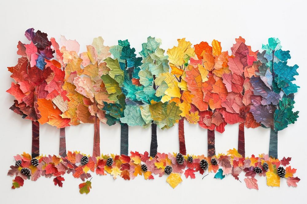 A group of autumn trees art painting collage.