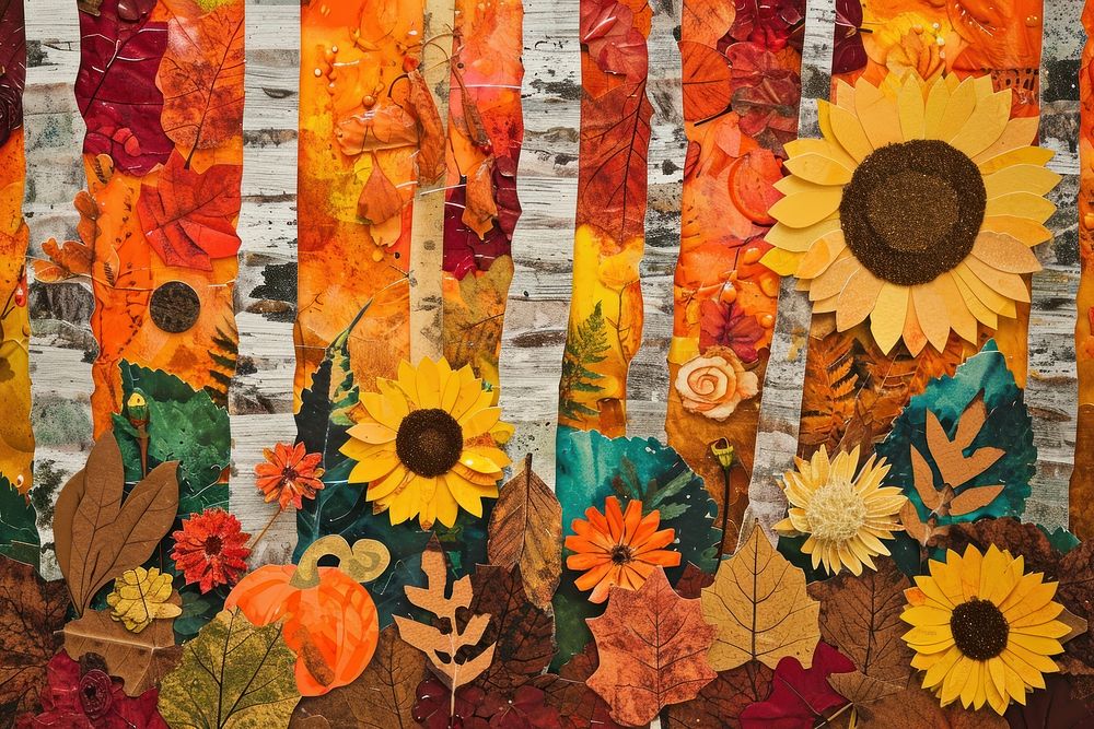 An autumn forest sunflower collage art.