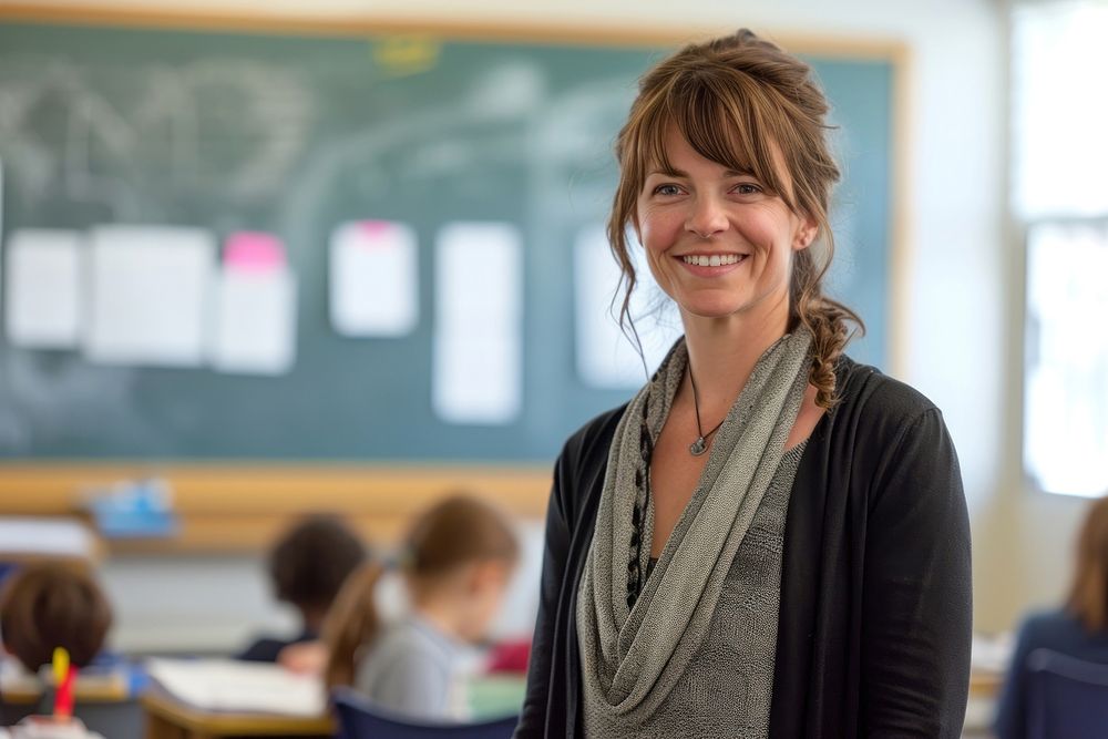 Woman teacher in front of classroom teaching smiling adult.