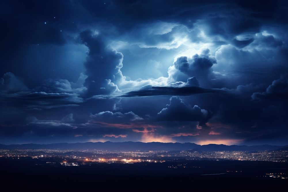 Cloudy sky at night thunderstorm lightning landscape.