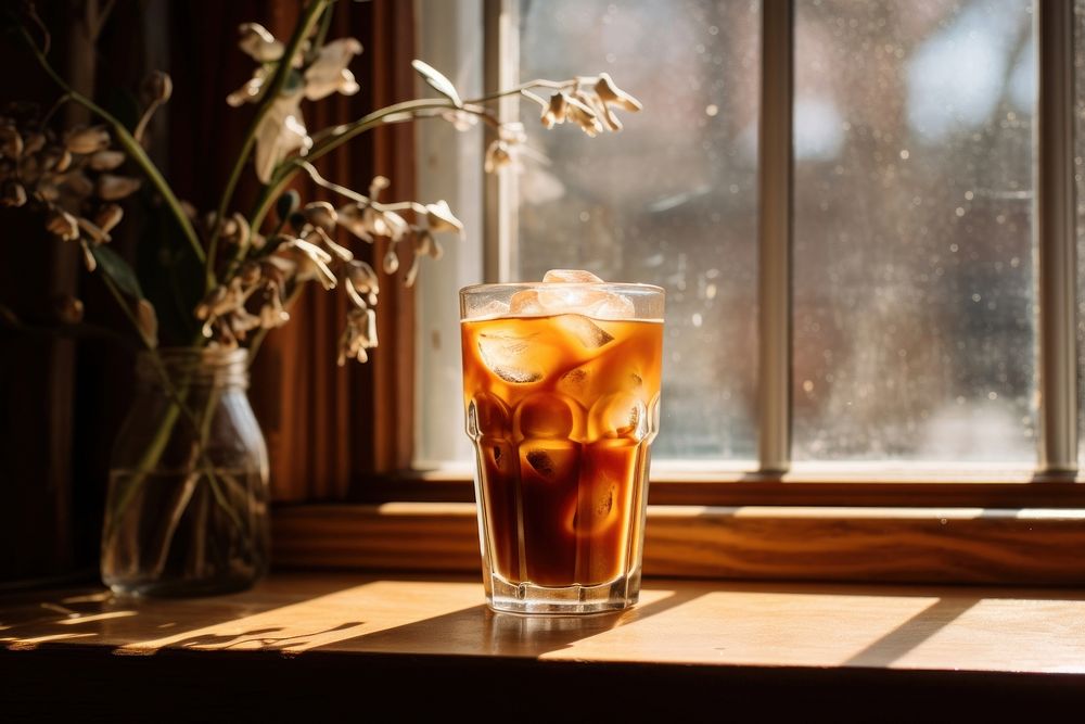 A window with iced coffee in it glass drink refreshment.