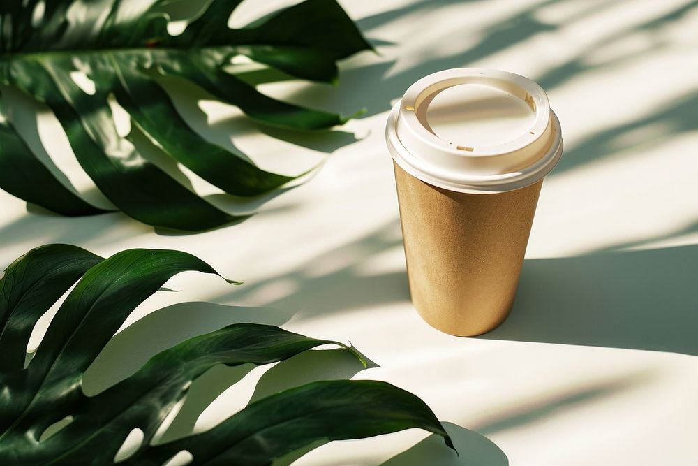 Paper coffee cup on tropical leaf  plant mug refreshment.