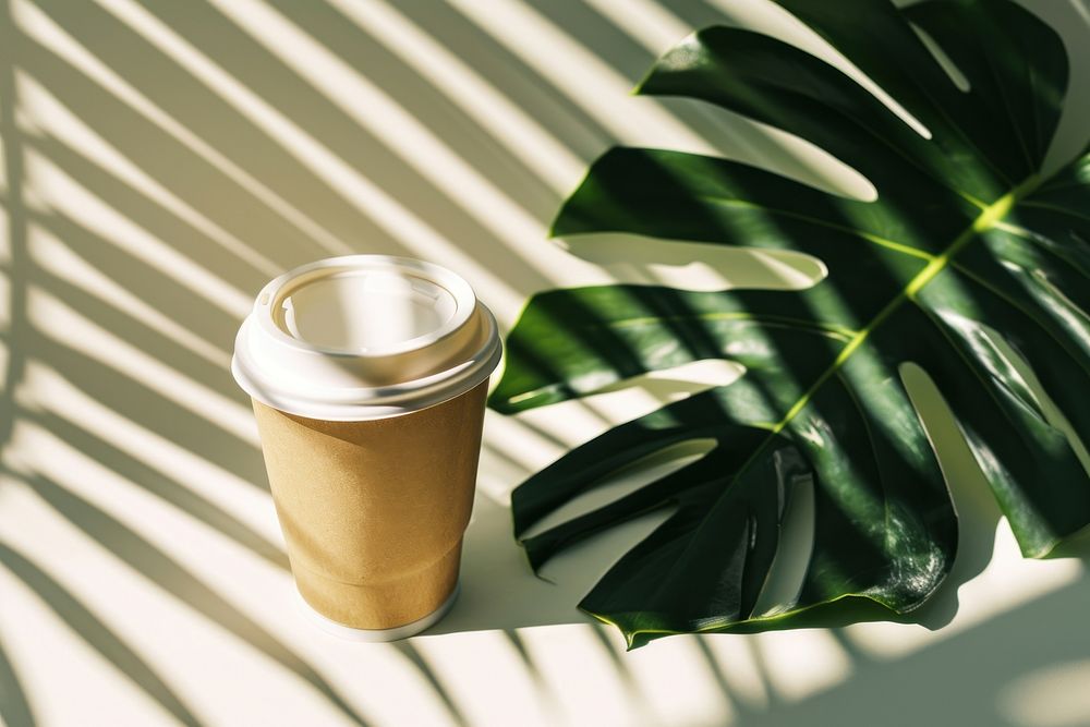 Paper coffee cup on tropical leaf  shadow drink plant.