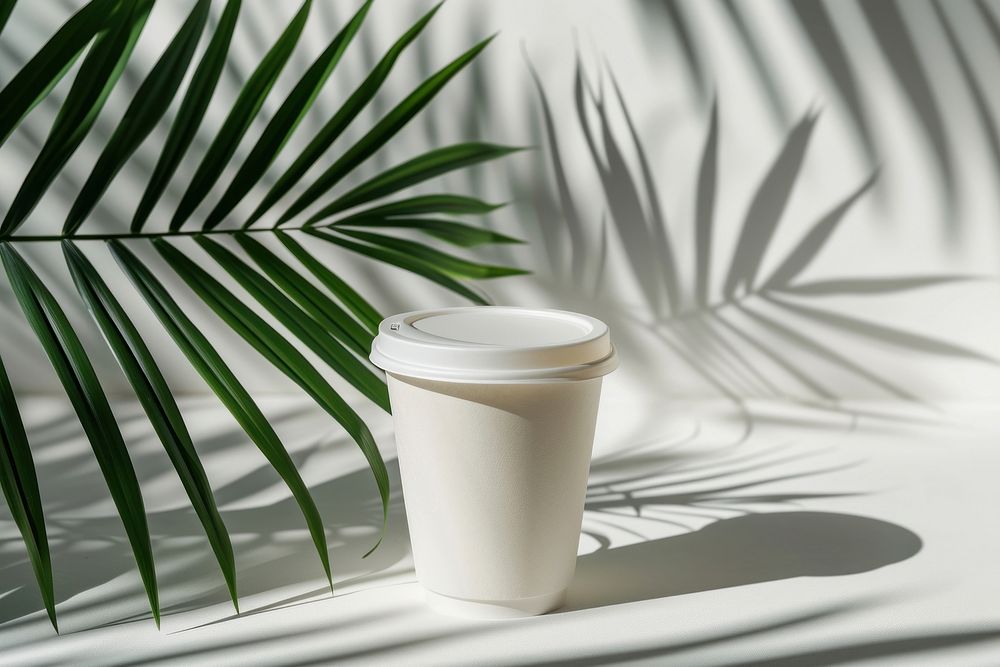 Paper cup on tropical leaf  coffee plant mug.