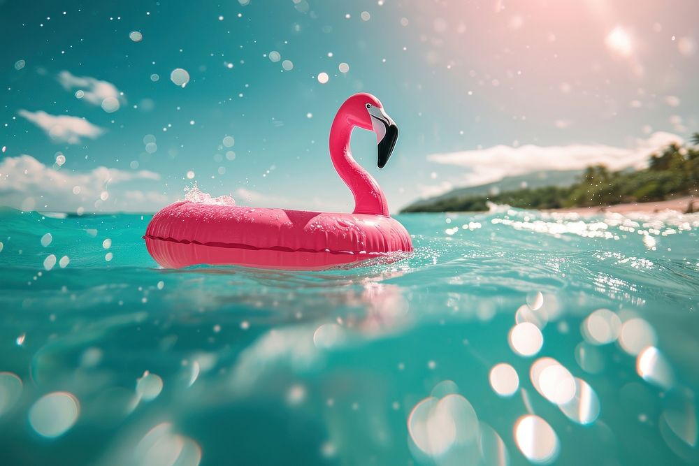 Flamingo float tube on water swimming outdoors nature.