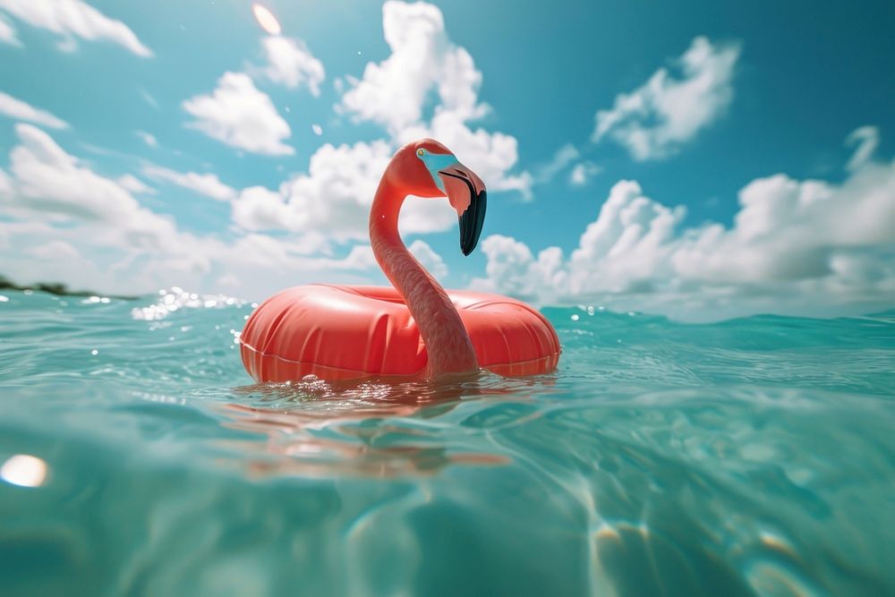 Flamingo float tube on water animal bird beak.
