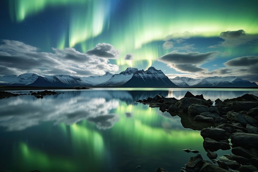 Iceland northern light landscape panoramic outdoors.
