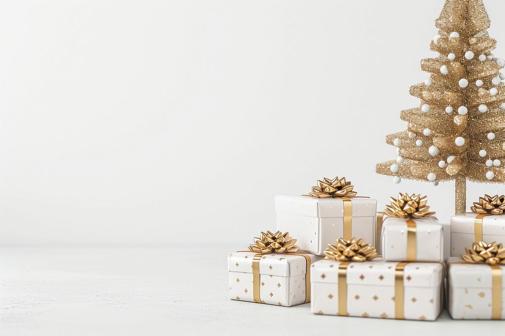 Minimal gift boxes christmas gold tree.