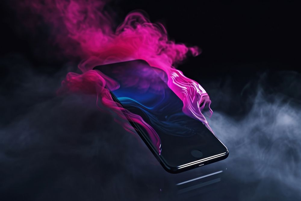 Smartphone floating in the air smoke electronics technology.