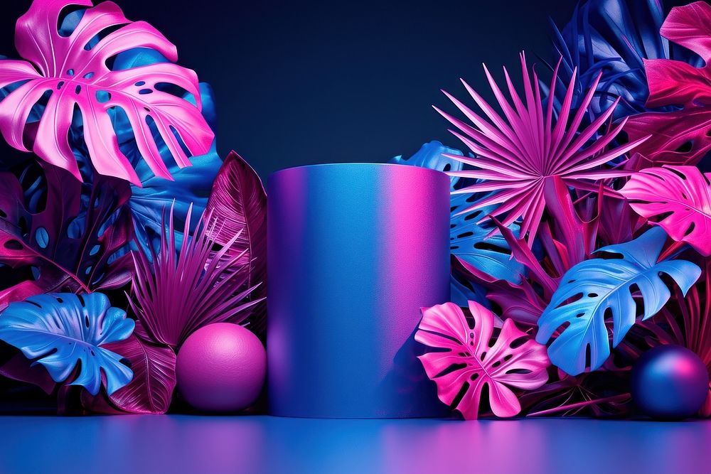 Neon tropical leaves background purple decoration lighting.