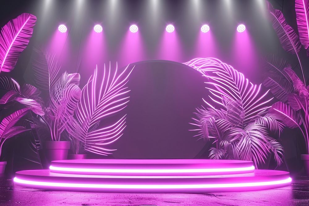 Neon tropical leaves background lighting purple stage.