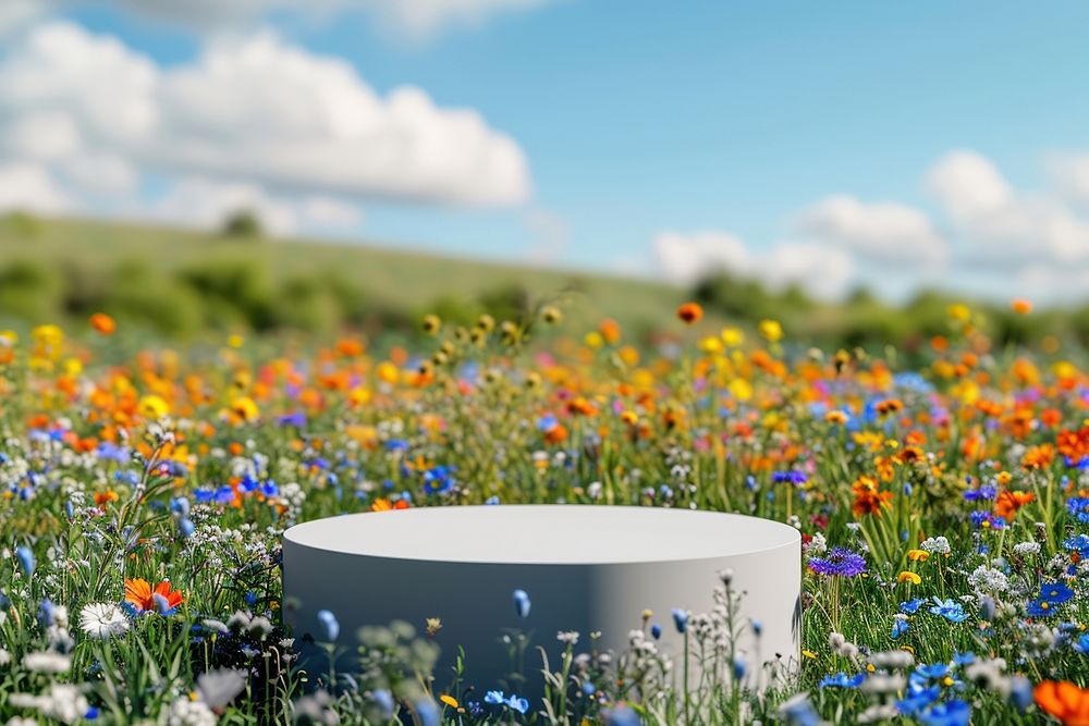 Simple 3D flower field background grassland landscape outdoors.