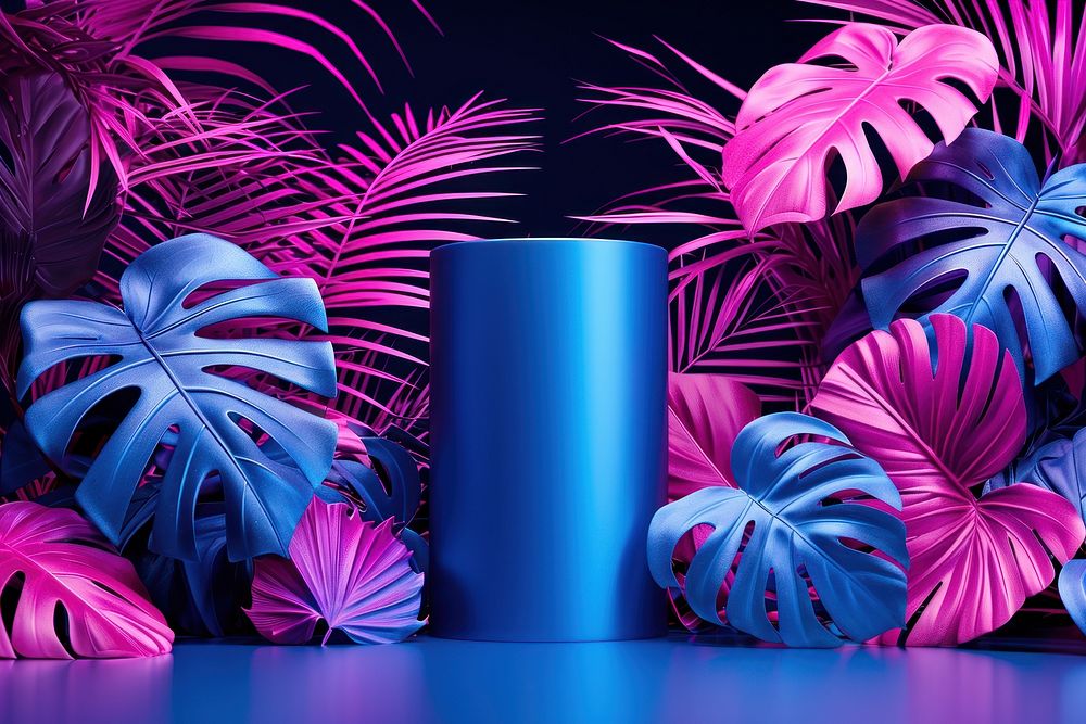 Neon tropical leaves background cylinder purple lighting.