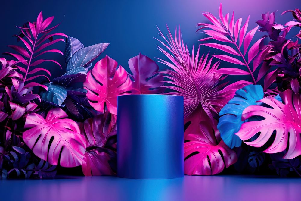Neon tropical leaves background purple lighting graphics.