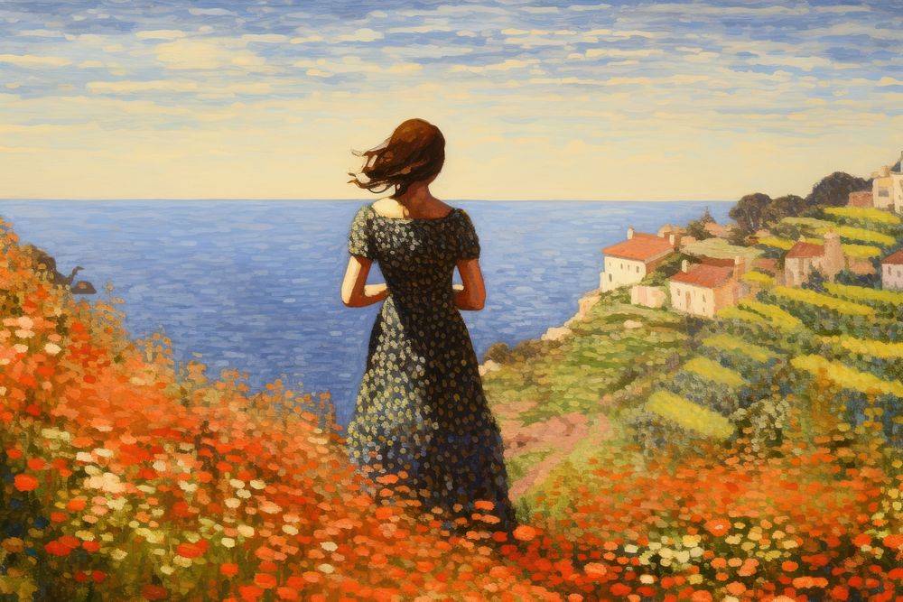 Top view women on the coastal flower fields architecture landscape painting.