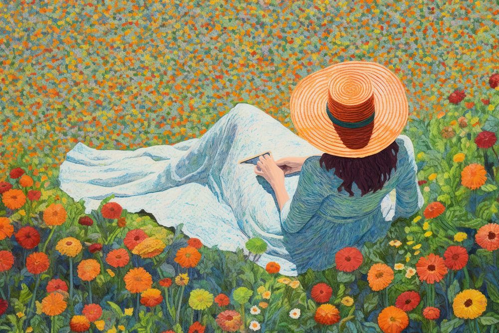 Top view women picnic on the flower field painting plant adult.