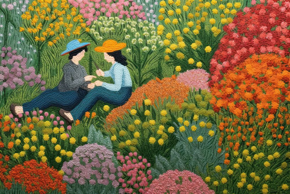 Top view women relaxing on the flower field painting tapestry outdoors.