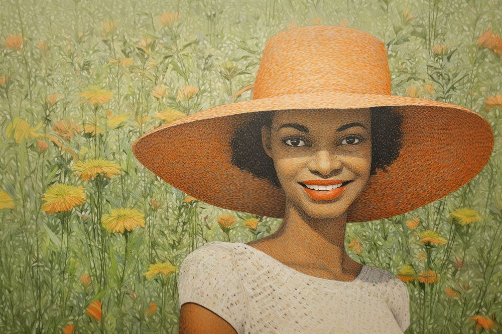 Women wearing straw hat smiling portrait flower adult.