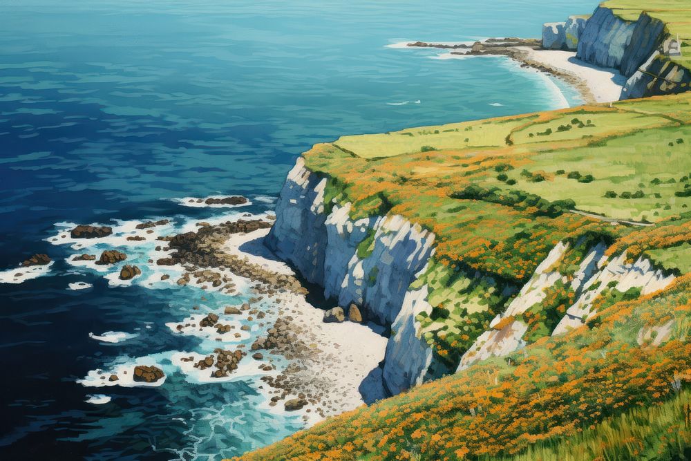 Aerial view coastal flower fields outdoors nature cliff.