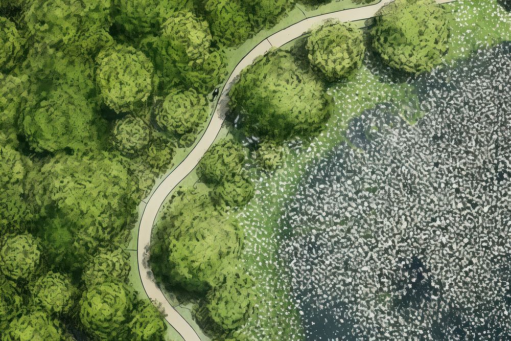 Aerial view of a park path outdoors nature forest.