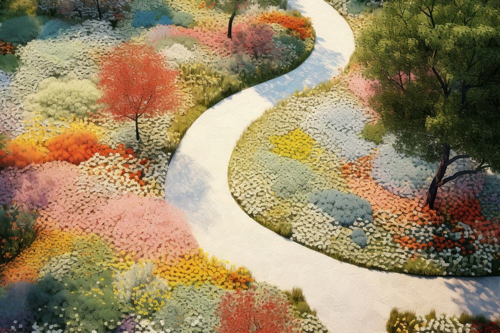 Aerial view of a park path flower landscape outdoors.