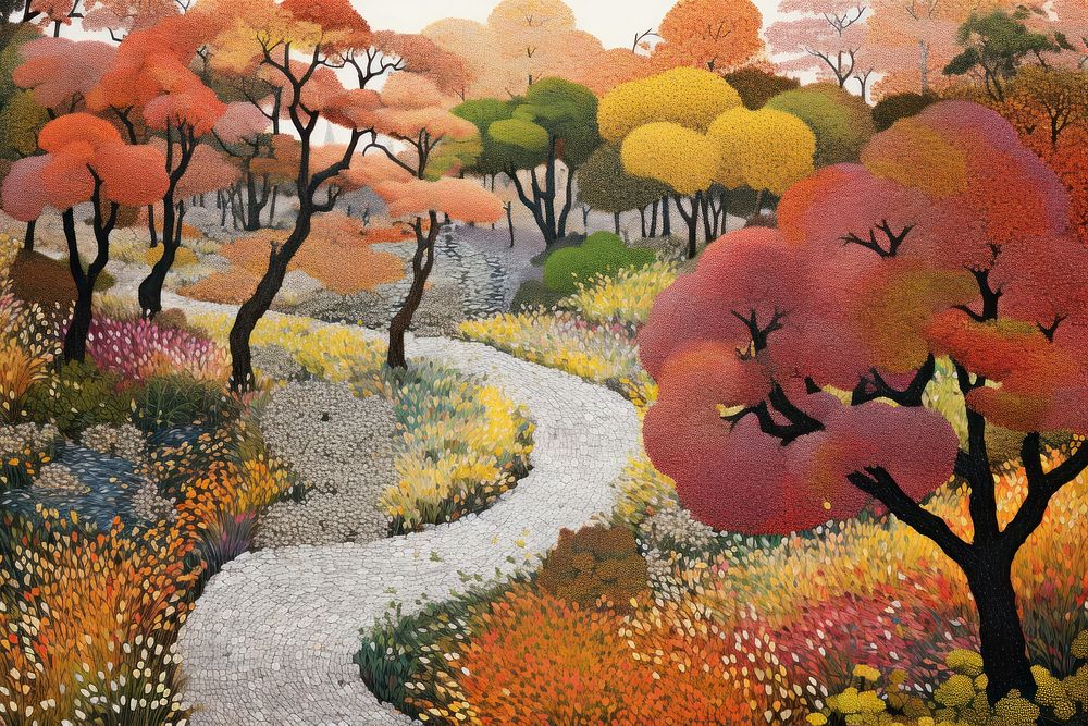 Aerial view of a park path landscape outdoors painting.