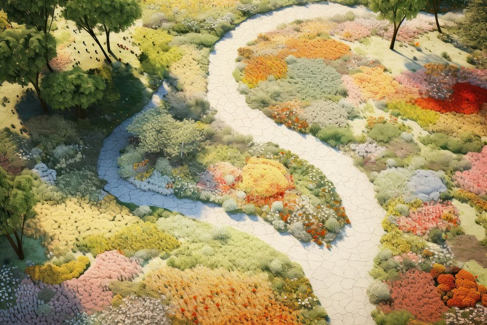 Aerial view of a park path outdoors nature flower.