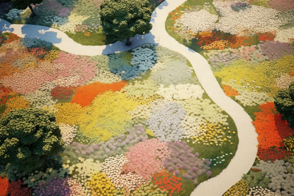 Aerial view of a park path flower outdoors pattern.