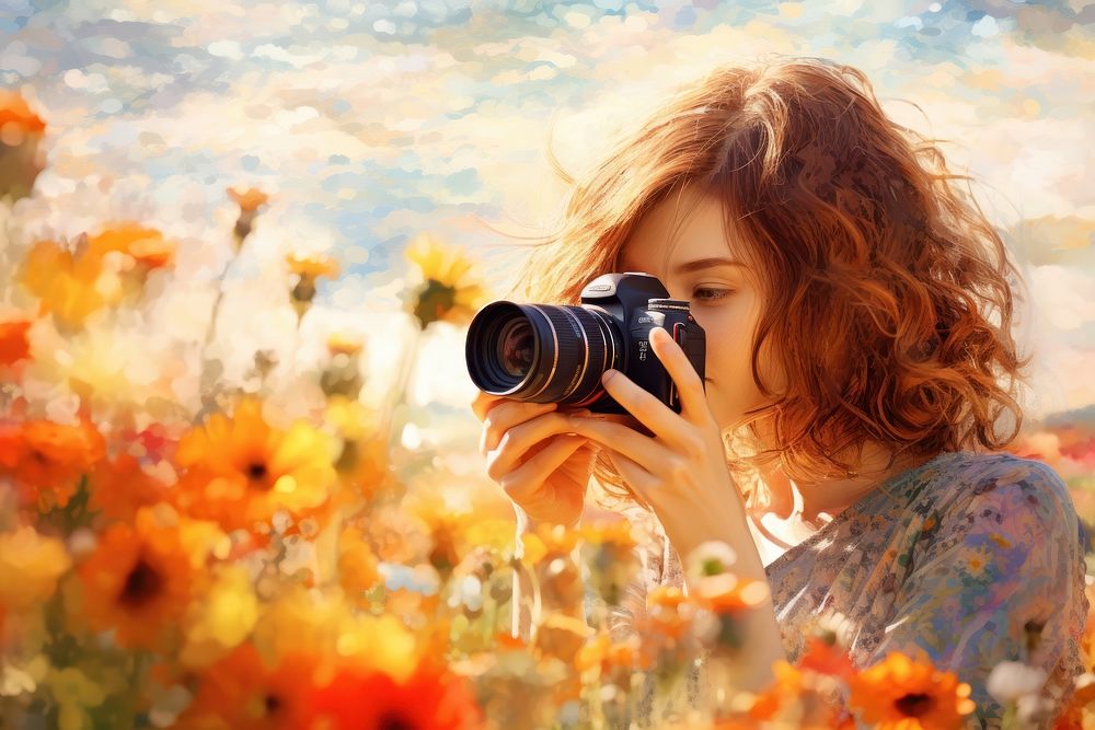 Close up women using camera portrait flower adult.