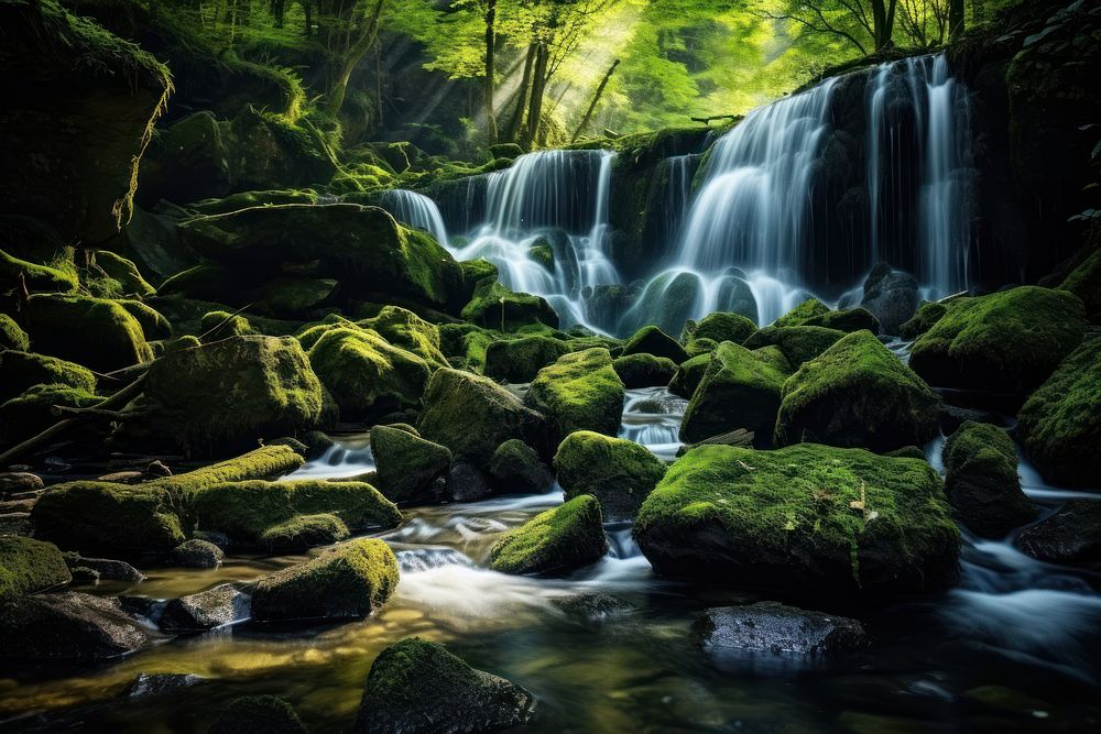 Small waterfall forest green landscape.