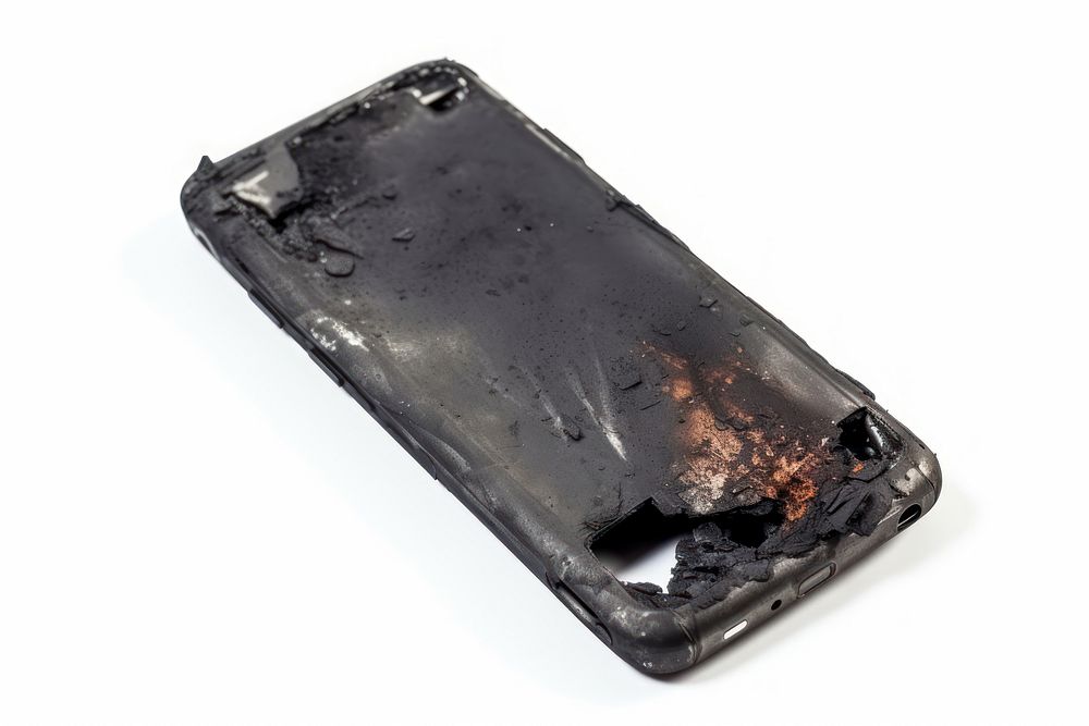 Mobile phone with burnt white background electronics misfortune.