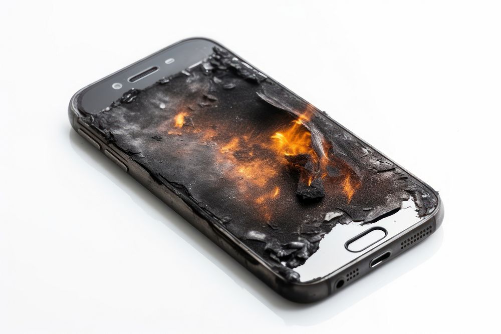 Mobile phone with burnt white background destruction electronics.