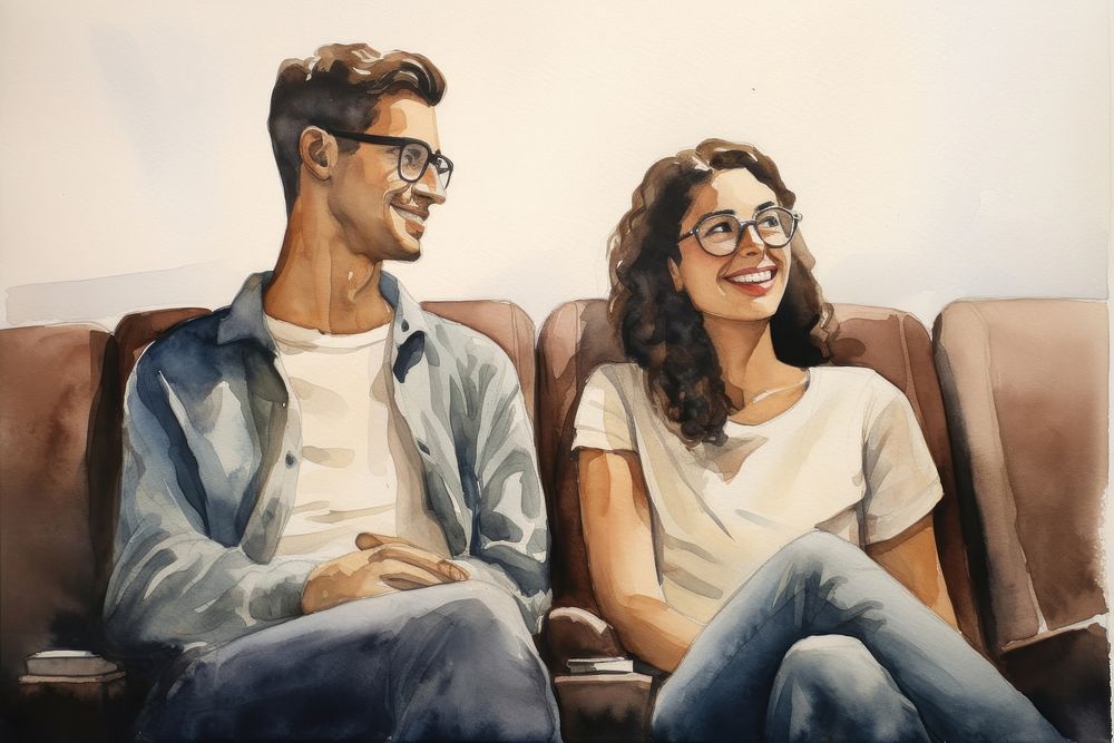 Diverse couple watching movie laughing painting glasses.