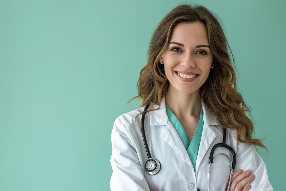 Caucasian woman doctor smiling adult stethoscope physician.