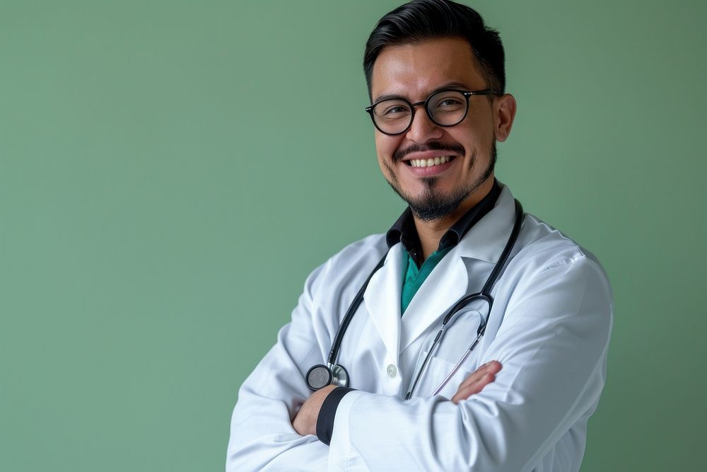 Hispanic man doctor smiling glasses adult green.