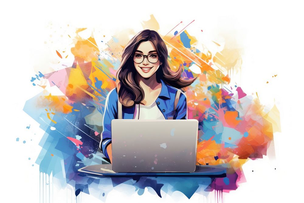 Woman using laptop computer painting portrait.